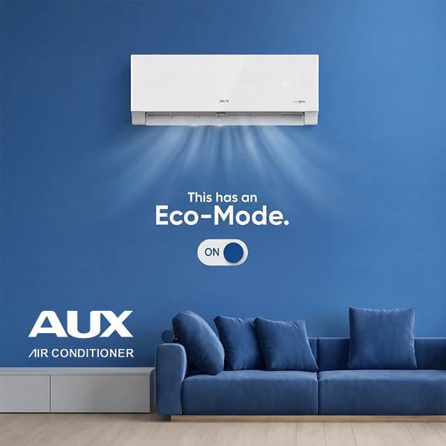 AUX air conditioner with Eco-Mode in a blue living room