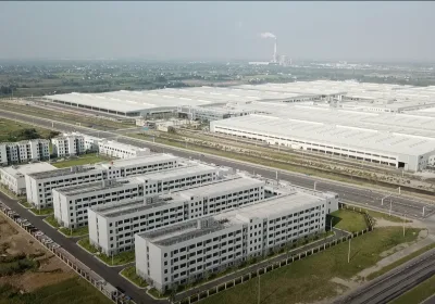 AUX Group manufacturing facility, coastal aerial view